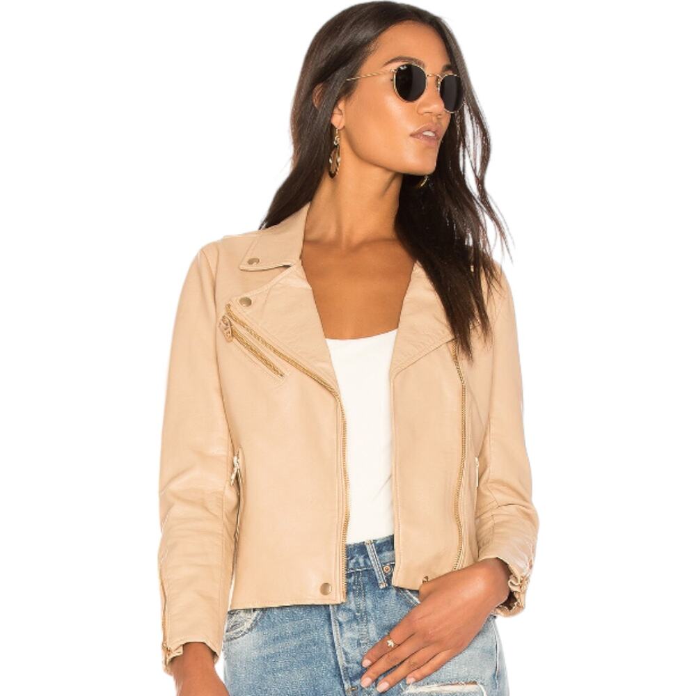 BlankNYC Faux Leather Classic Full Zip Crop Moto Jacket Natural Light Tan Small